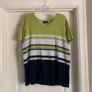 Green, Blue and White Striped V-neck